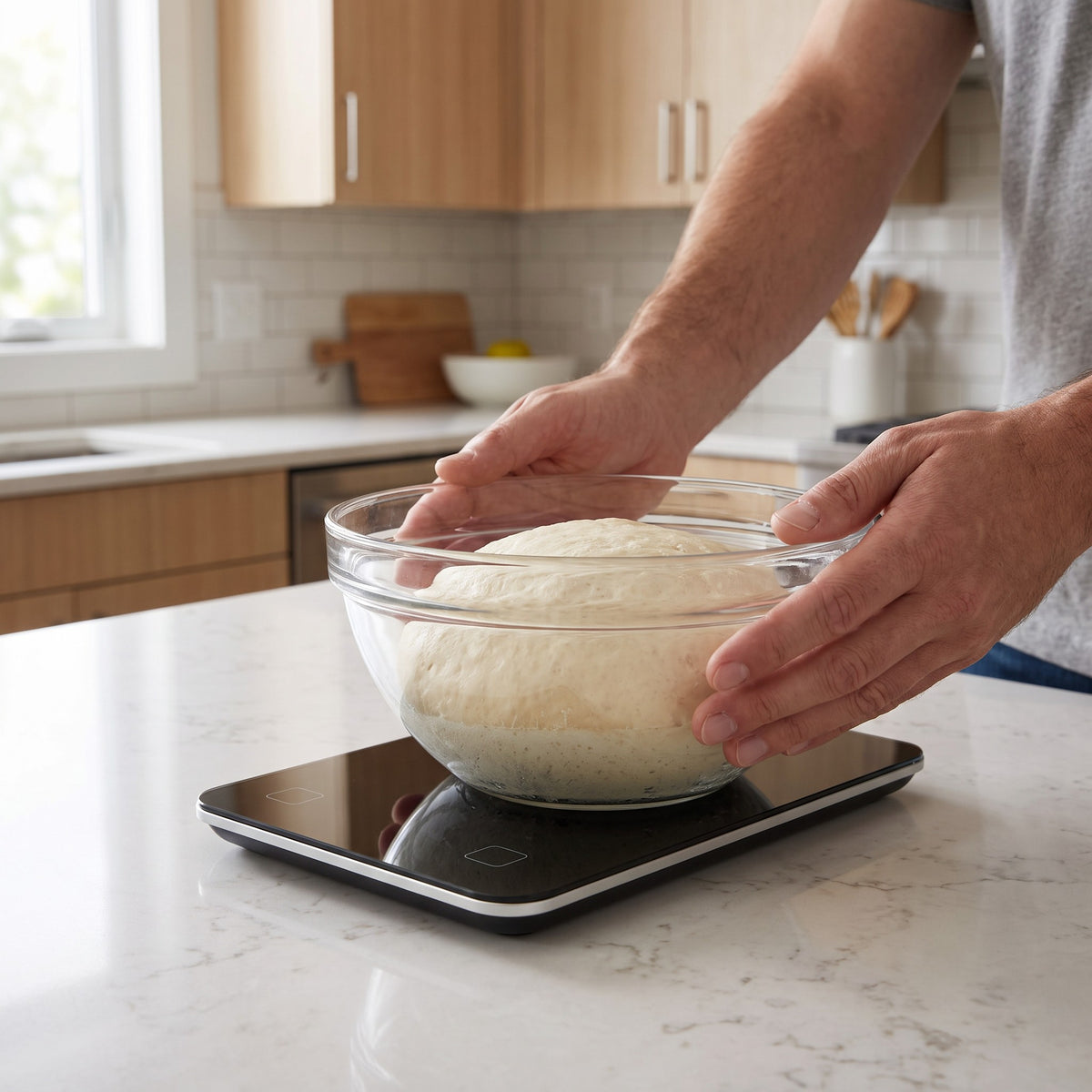 Bluetooth Nutrition Kitchen Scale with USB-C Rechargeable Battery in use, weighing a bowl of bread dough