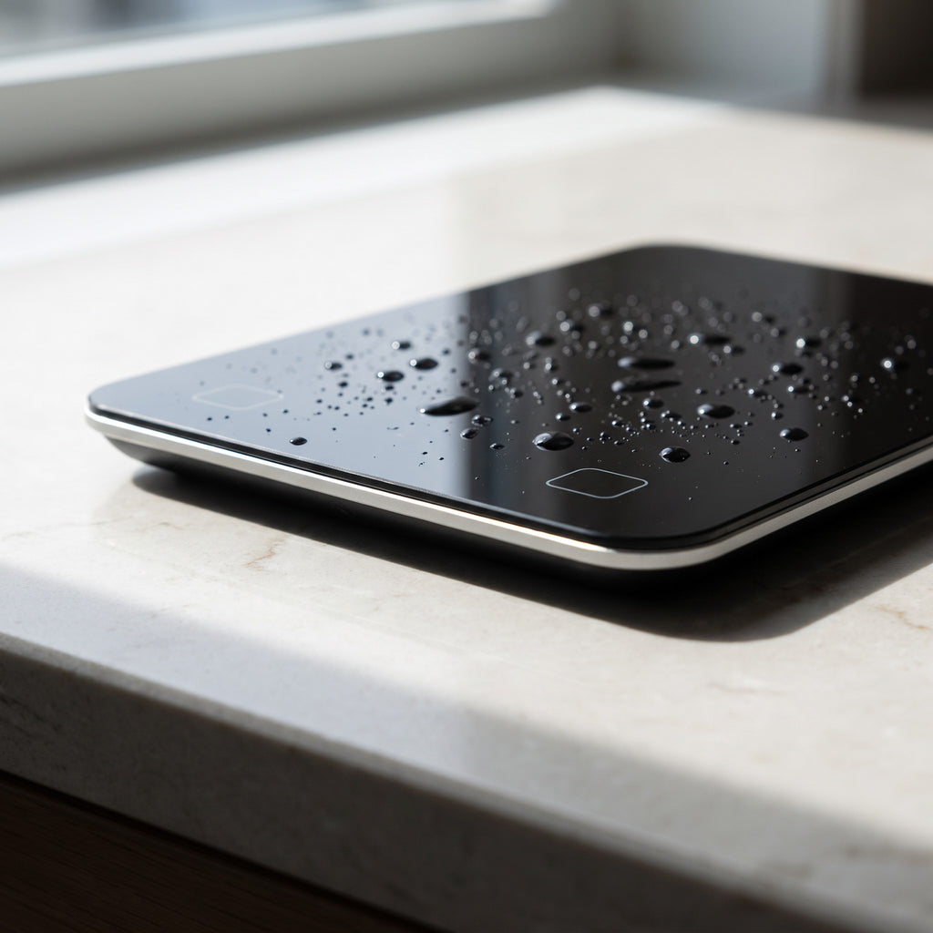 Bluetooth Nutrition Kitchen Scale with USB-C Rechargeable Battery - close-up of the splash-resistant glass top and touch buttons