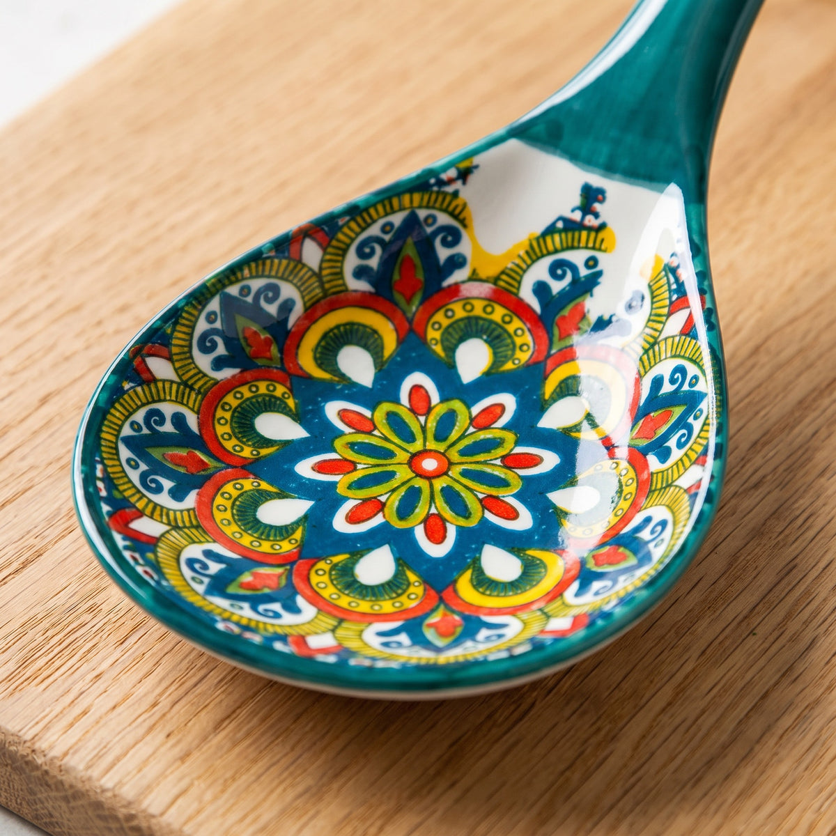 Boho Patterned Ceramic Soup Ladle with Large Scoop - close-up of the glazed ceramic scoop and its painted boho pattern