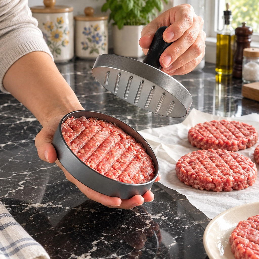 Aluminum Alloy Burger Patty Press with Detachable Arm in a home kitchen