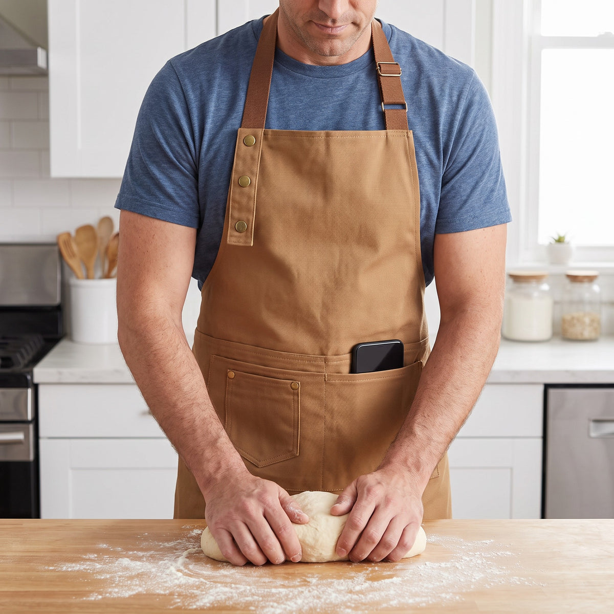Canvas Work Apron with Multiple Pockets and Towel Loop in use, kneading bread dough with a phone in the front pocket