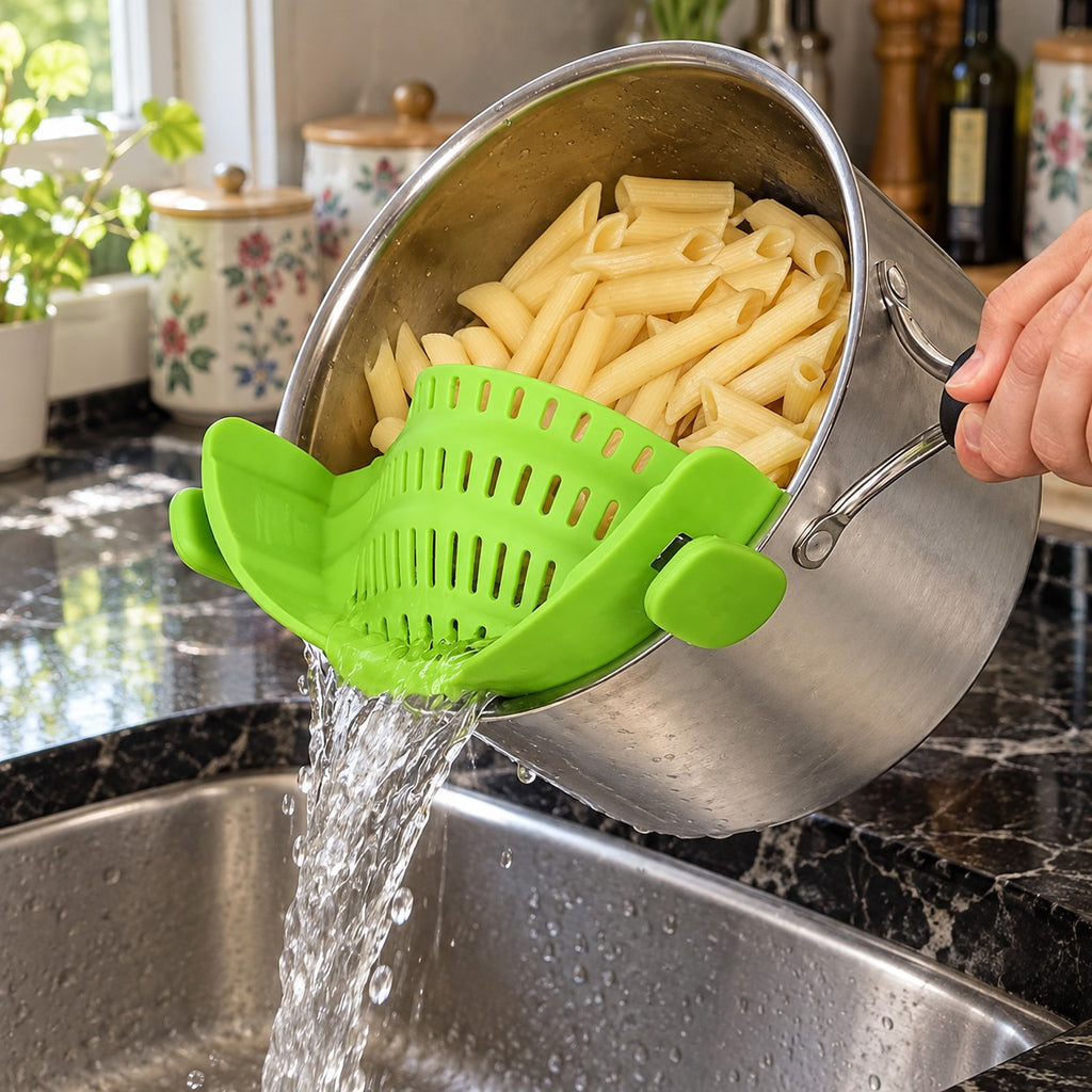 Foldable Clip-On Silicone and Stainless Steel Pot Strainer in a home kitchen