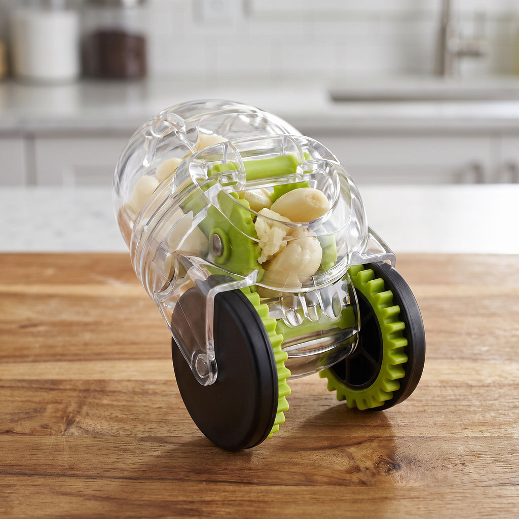 Compact Rolling Garlic Press for Ginger and Shallots - close-up of the clear housing and green blade wheels crushing garlic cloves