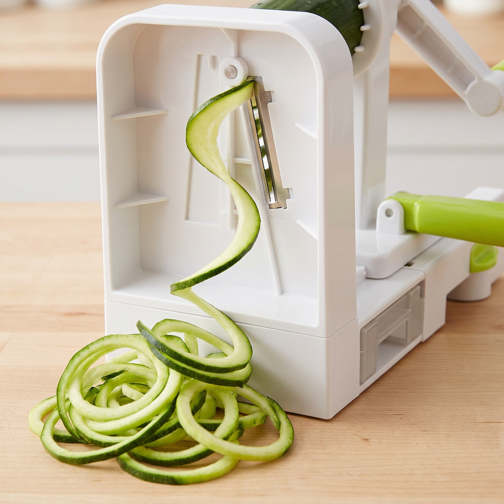 Countertop Hand-Crank Vegetable Spiralizer with Suction Cups - close-up of the blade plate cutting zucchini into a spiral ribbon