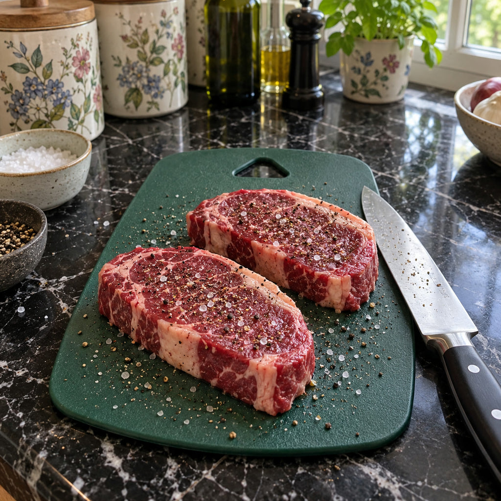 Plastic Cutting Board for Raw Meat Poultry and Fish, raw steaks on the dark green board