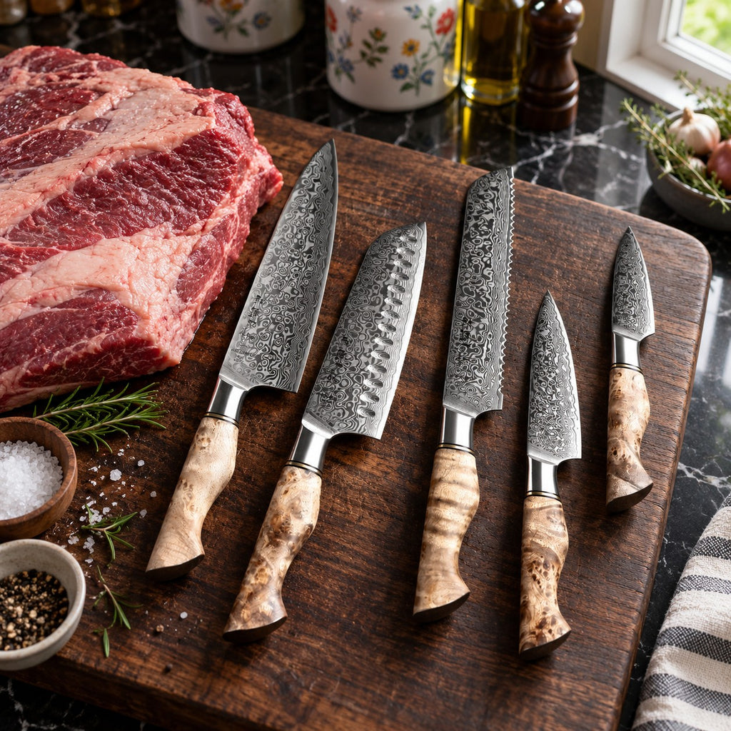 Folded Damascus Steel Knife Set with Wood Handles in a home kitchen