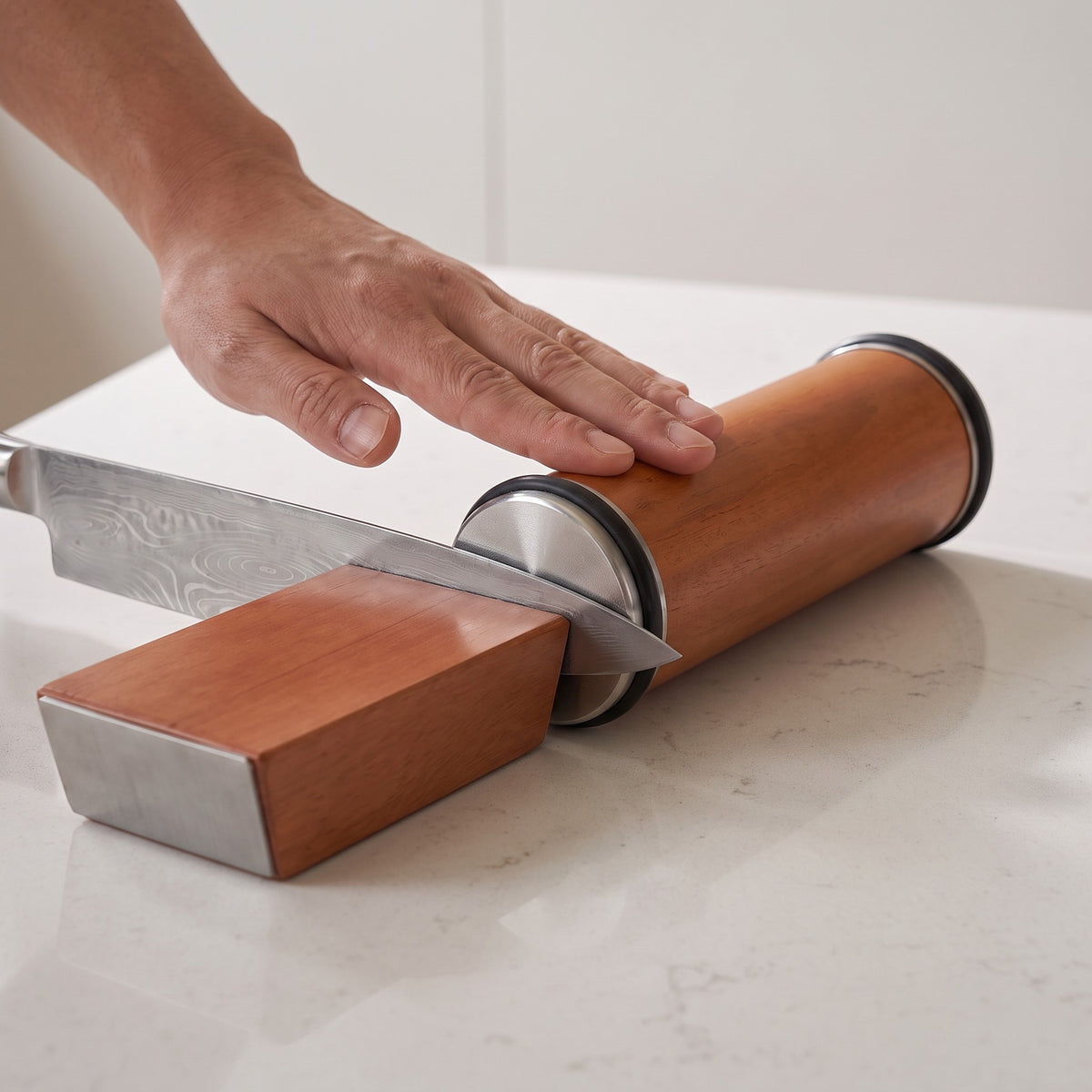 Diamond Knife Sharpener with Magnetic Angle Guide and Ceramic Honing in use, rolling the diamond disc along a blade held by the magnetic angle block
