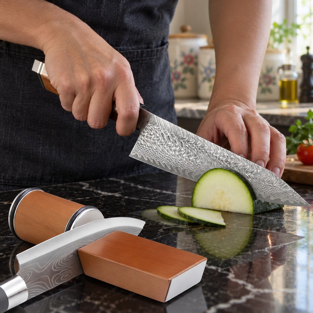 Diamond Knife Sharpener with Magnetic Angle Guide in a home kitchen