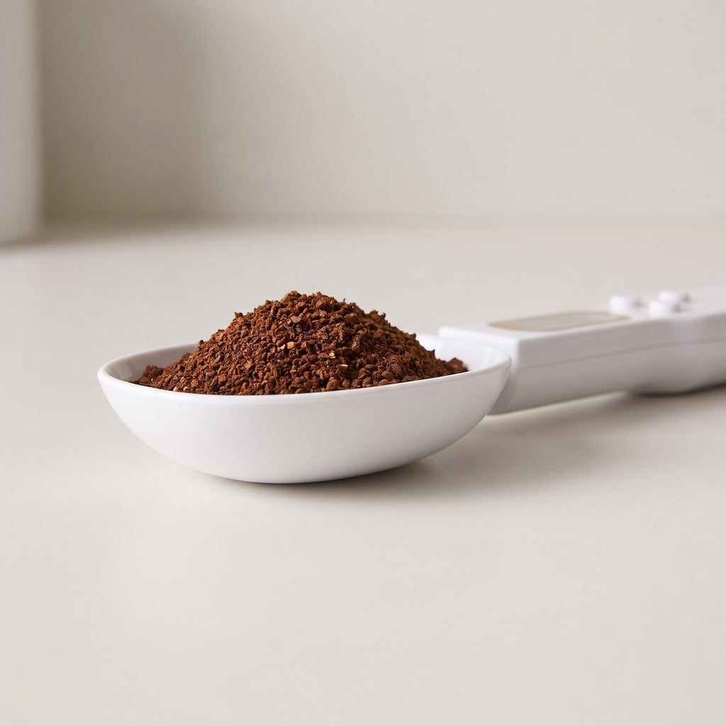 Digital Measuring Spoon Scale for Coffee and Spices - close-up of the detachable spoon heaped with ground coffee