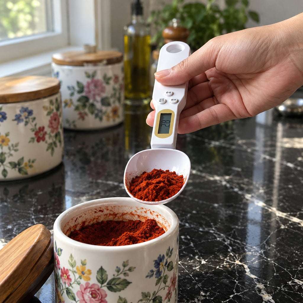 Digital Measuring Spoon Scale for Coffee and Spices in a home kitchen