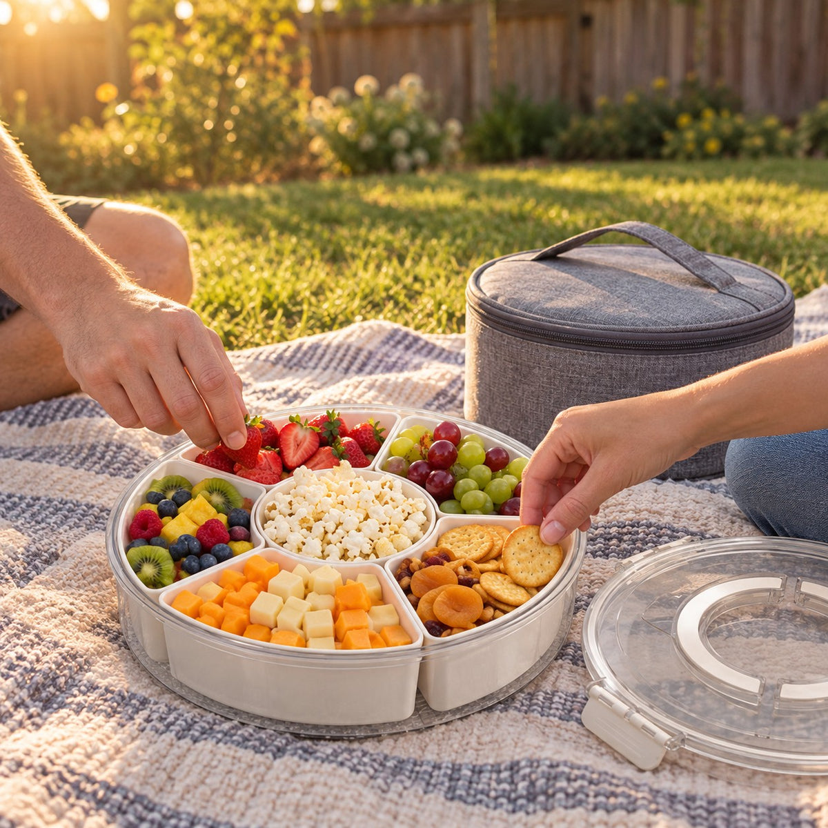 Divided Snack Serving Tray with Lid and Carry Bag in a home kitchen