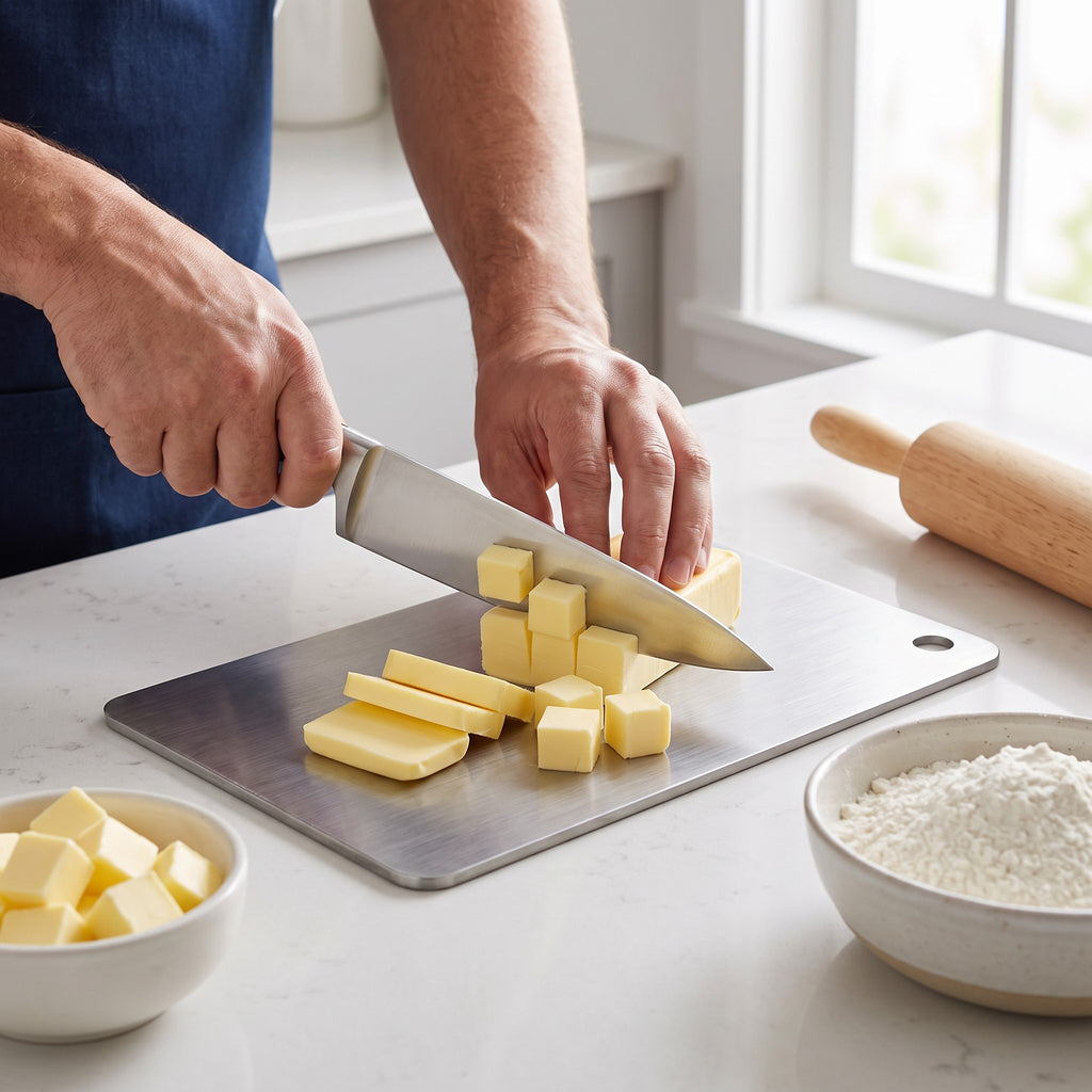 Double-Sided Brushed Stainless Steel Cutting Board with Hanging Hole in use, cutting cold butter into cubes for pastry