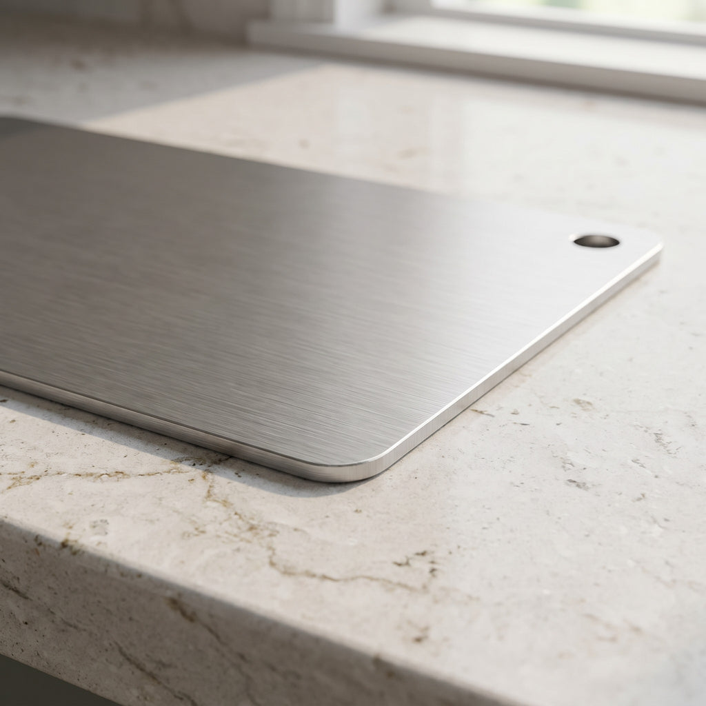 Double-Sided Brushed Stainless Steel Cutting Board with Hanging Hole - close-up of the brushed steel surface and hanging hole