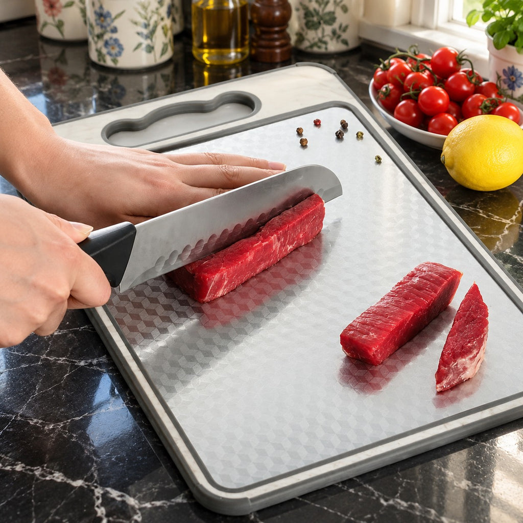 Double-Sided Cutting Board with Knife Sharpener in a home kitchen