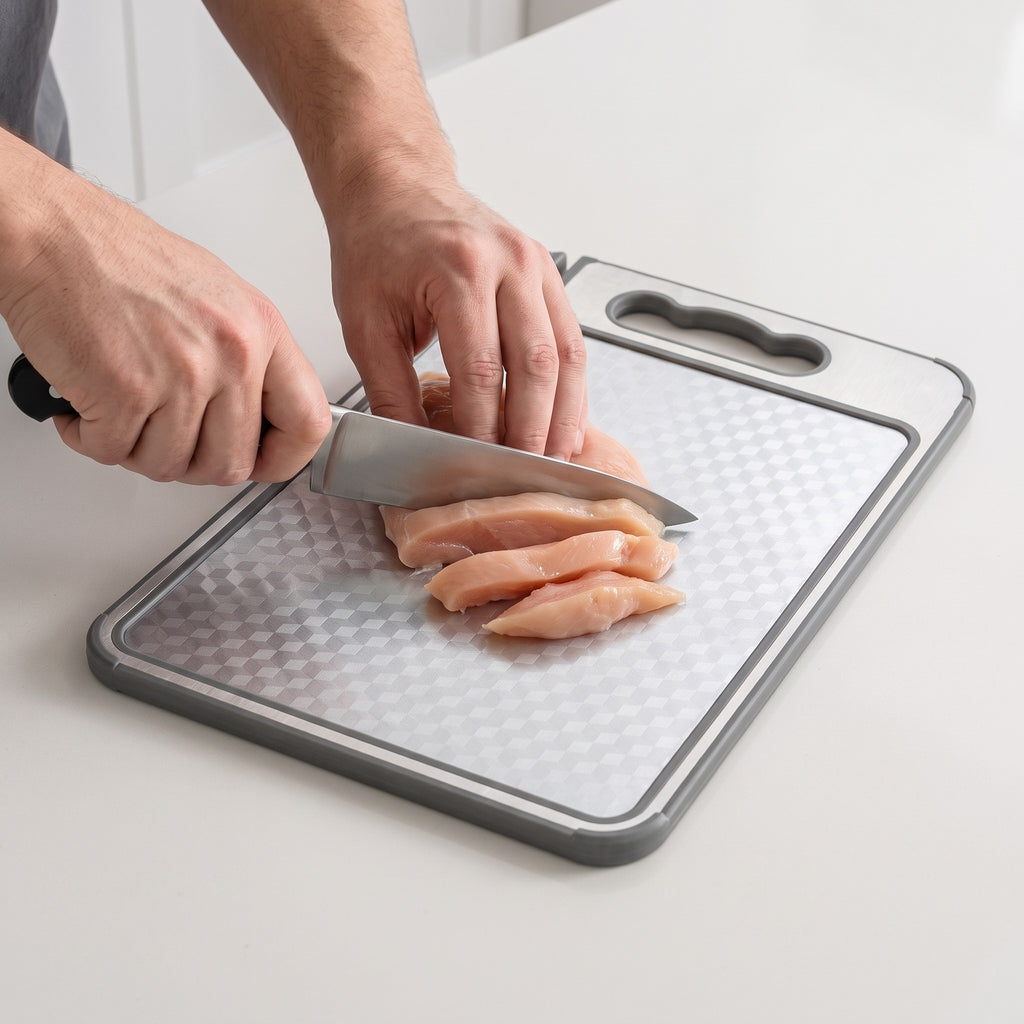 Double-Sided Plastic Cutting Board with Knife Sharpener in use, slicing chicken breast into strips