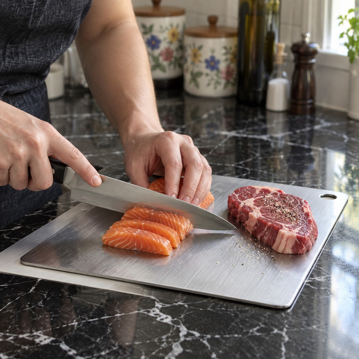 Double-Sided Stainless Steel Cutting Board in a home kitchen