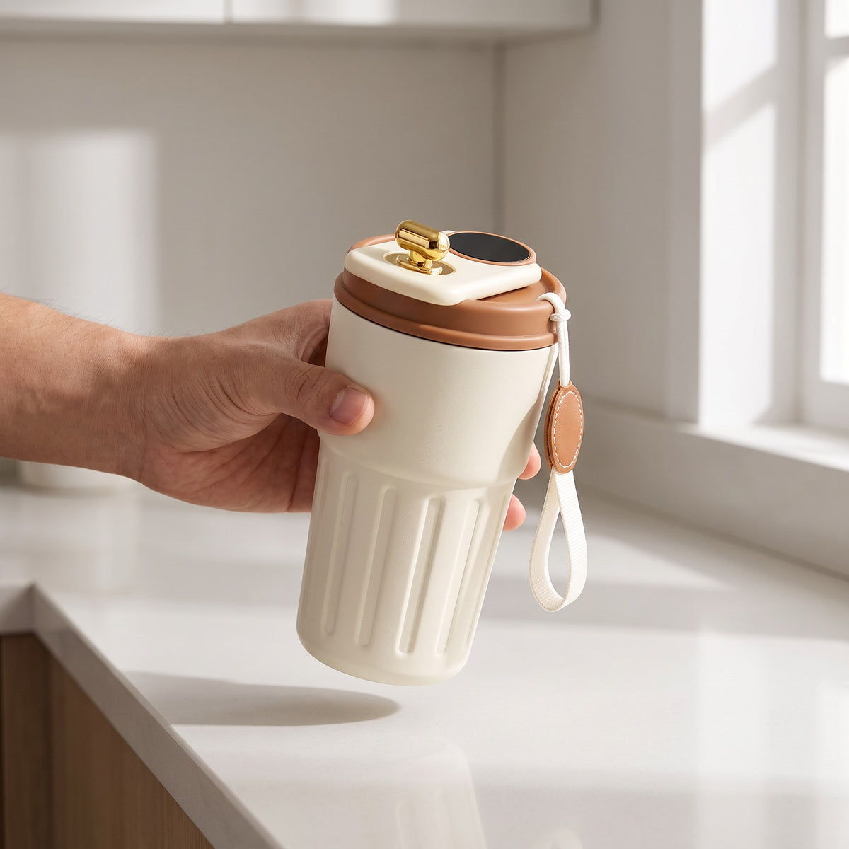 Double-Wall Insulated Tumbler with LCD Temperature Display in use, carried from the kitchen counter in the morning