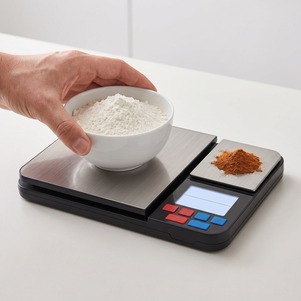 Dual Platform Kitchen Scale with 5 kg and 500 g Capacity in use, weighing flour and cinnamon