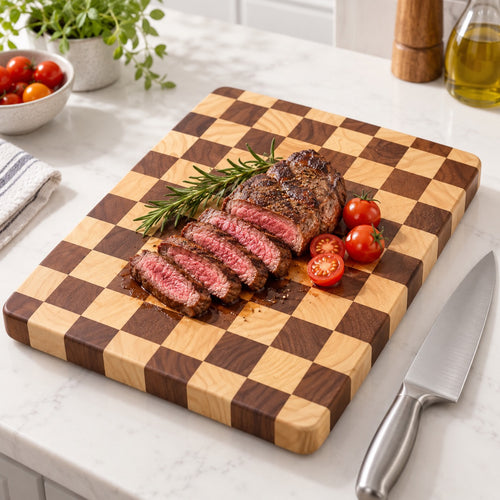 End-Grain Acacia Cutting Board, Checkerboard in a home kitchen