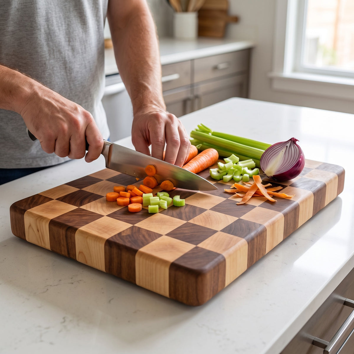 End-Grain Acacia Wood Cutting Board with Checkerboard Pattern in use, chopping carrots, celery and red onion