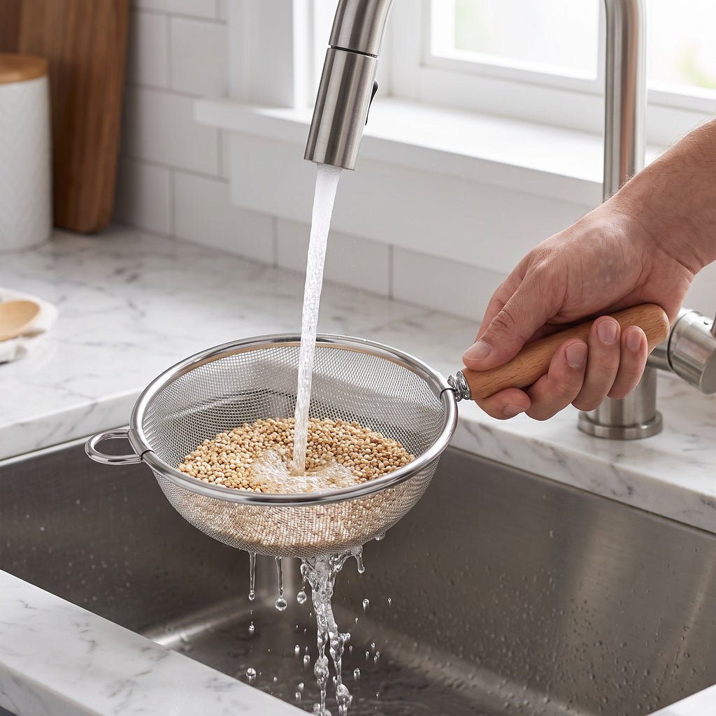 Fine Mesh Stainless Steel Strainer with Wood Handle and Resting Rim in use, rinsing quinoa under the kitchen faucet