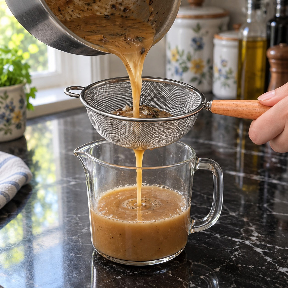 Fine Mesh Stainless Steel Strainer with Wood Handle in a home kitchen