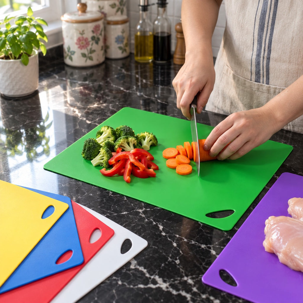 6-Piece Flexible Color-Coded Cutting Mat Set with Hanging Handles in a home kitchen