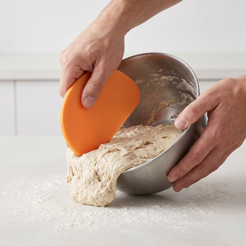 Flexible Plastic Dough Bowl Scraper with Ergonomic Grip in use, scraping bread dough out of a mixing bowl