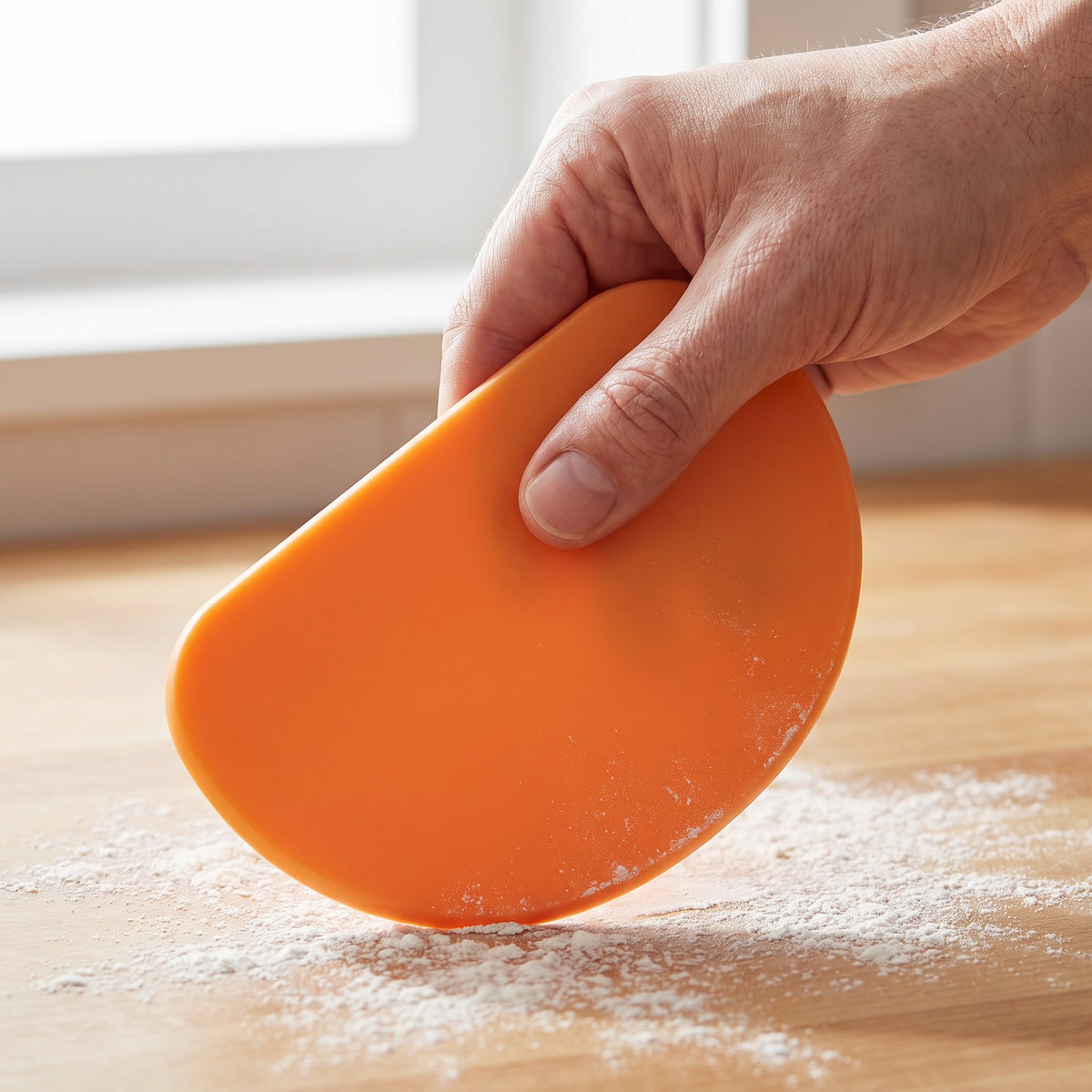 Flexible Plastic Dough Bowl Scraper with Ergonomic Grip - close-up of the flexible scraper's straight and curved edges