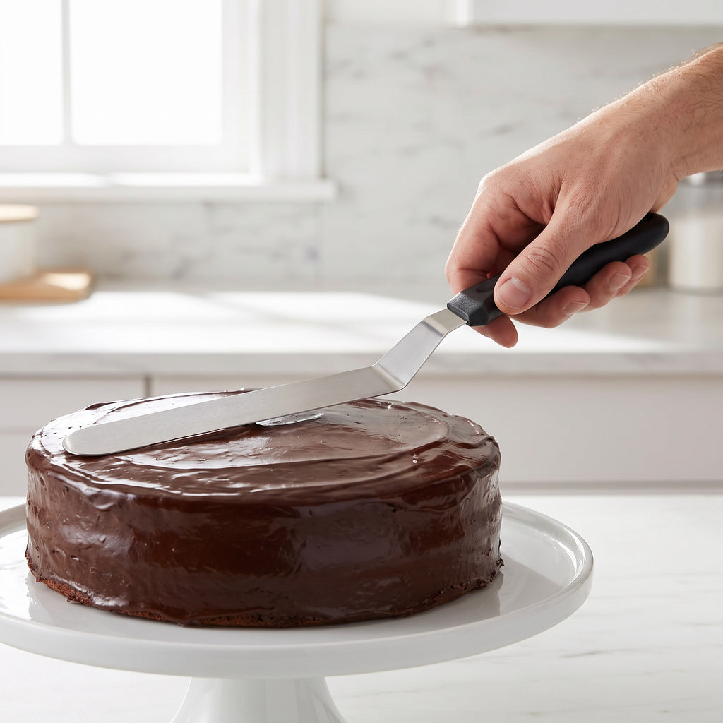 Flexible Stainless Steel Offset Icing Spatula in use, smoothing chocolate frosting on a layer cake