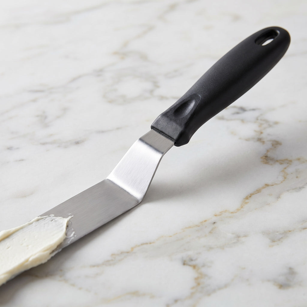 Flexible Stainless Steel Offset Icing Spatula - close-up of the angled stainless steel blade and black handle