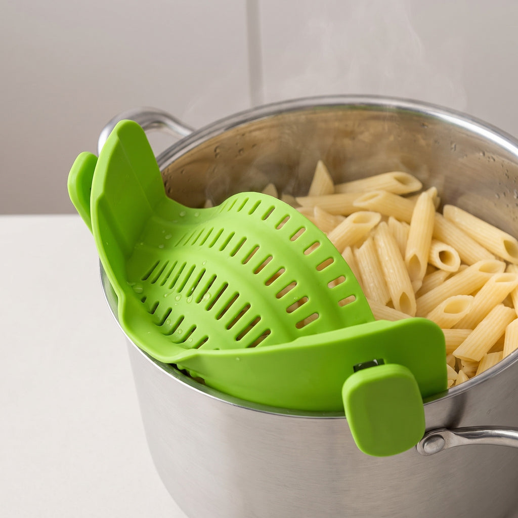 Foldable Clip-On Silicone and Stainless Steel Pot Strainer - close-up of the silicone drain slots and clip