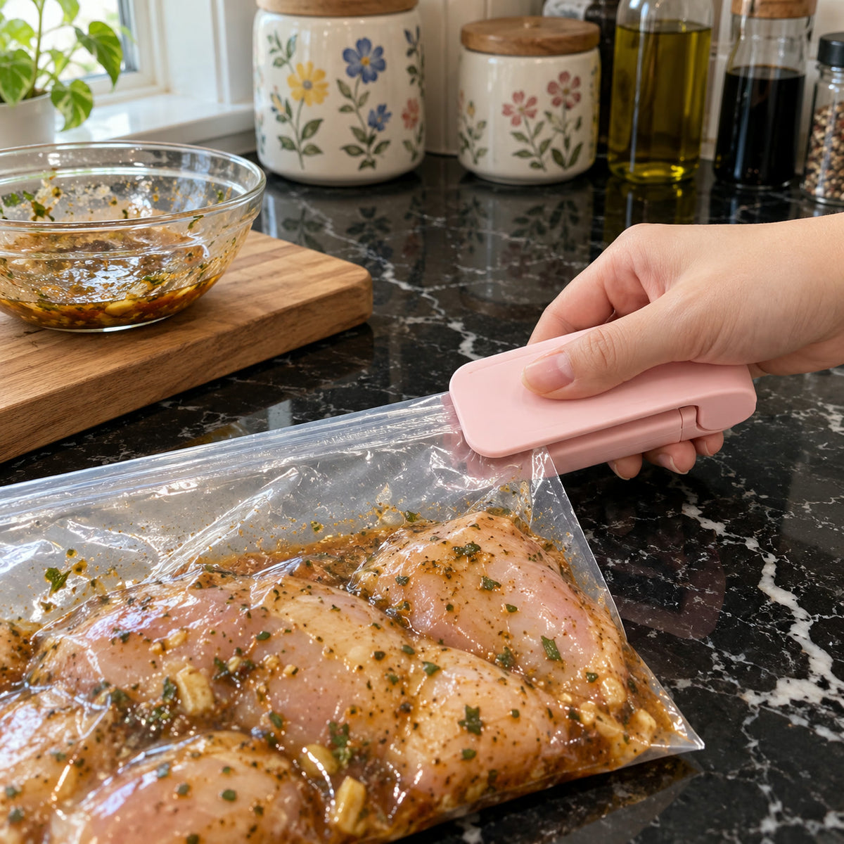 Food Bag Heat Sealer, sealing a bag of marinated chicken