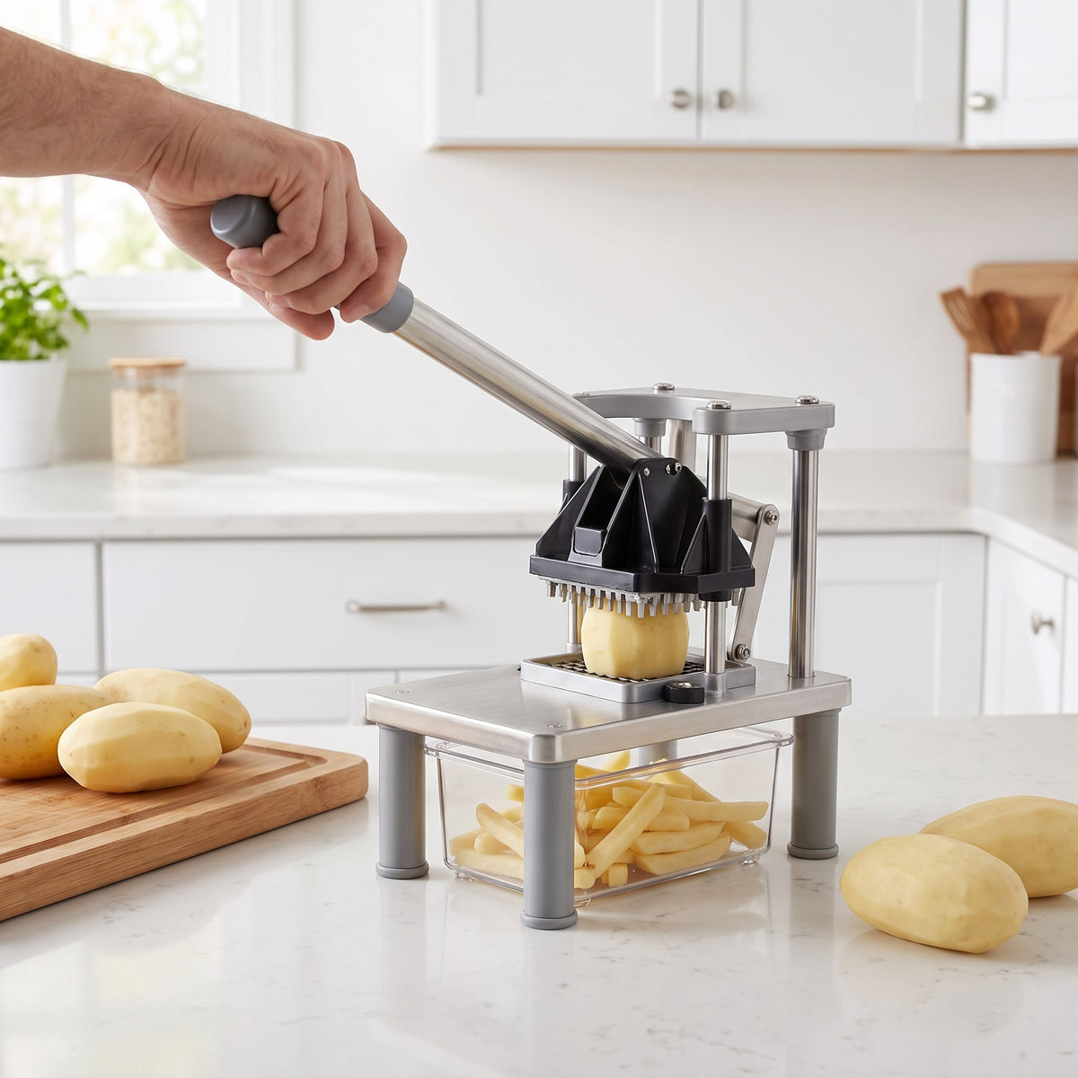 French Fry Cutter with Long Lever and Interchangeable Blades in use, pressing a whole potato into even fries in a home kitchen