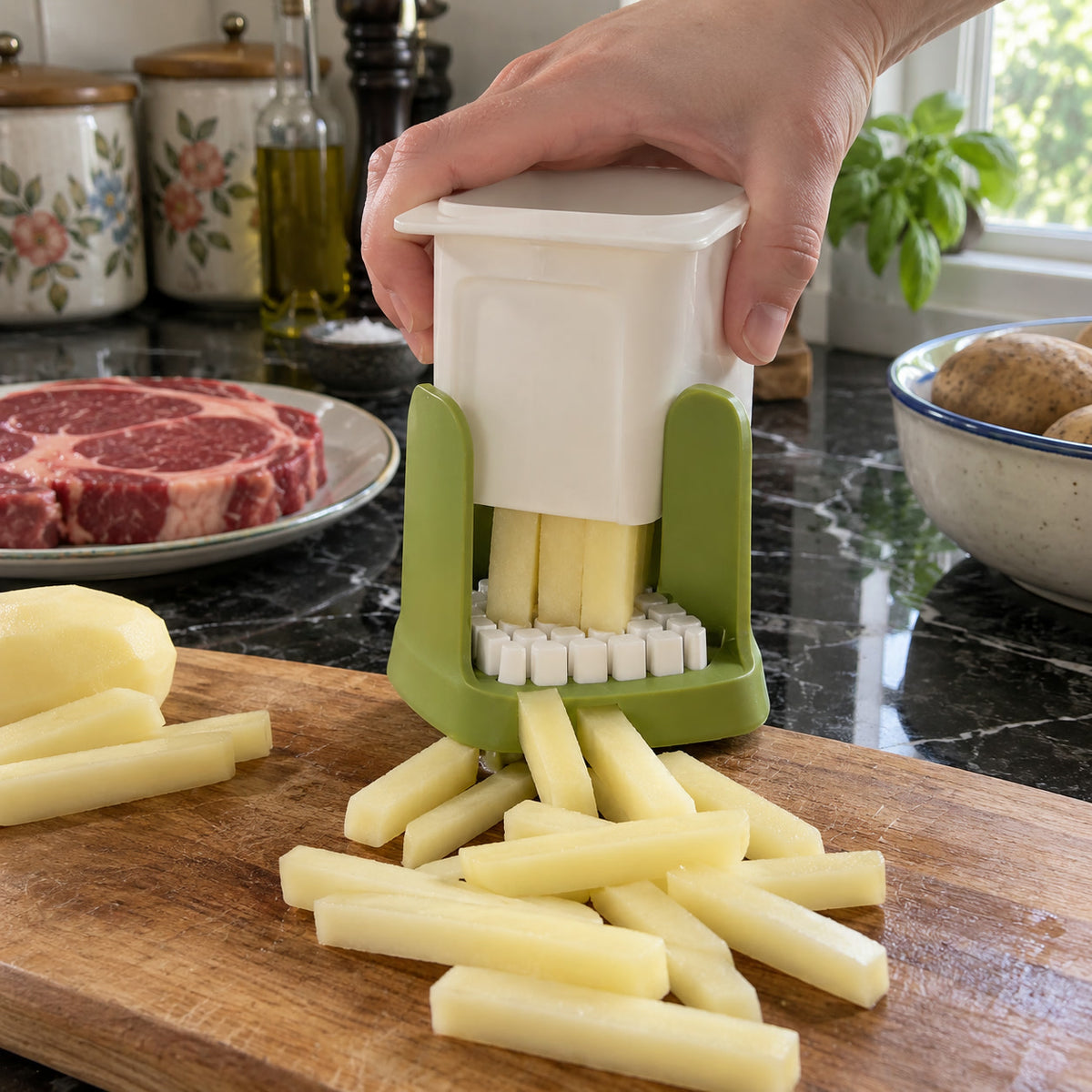 Hand-Press Fry and Veggie Cutter, cutting potatoes into fries