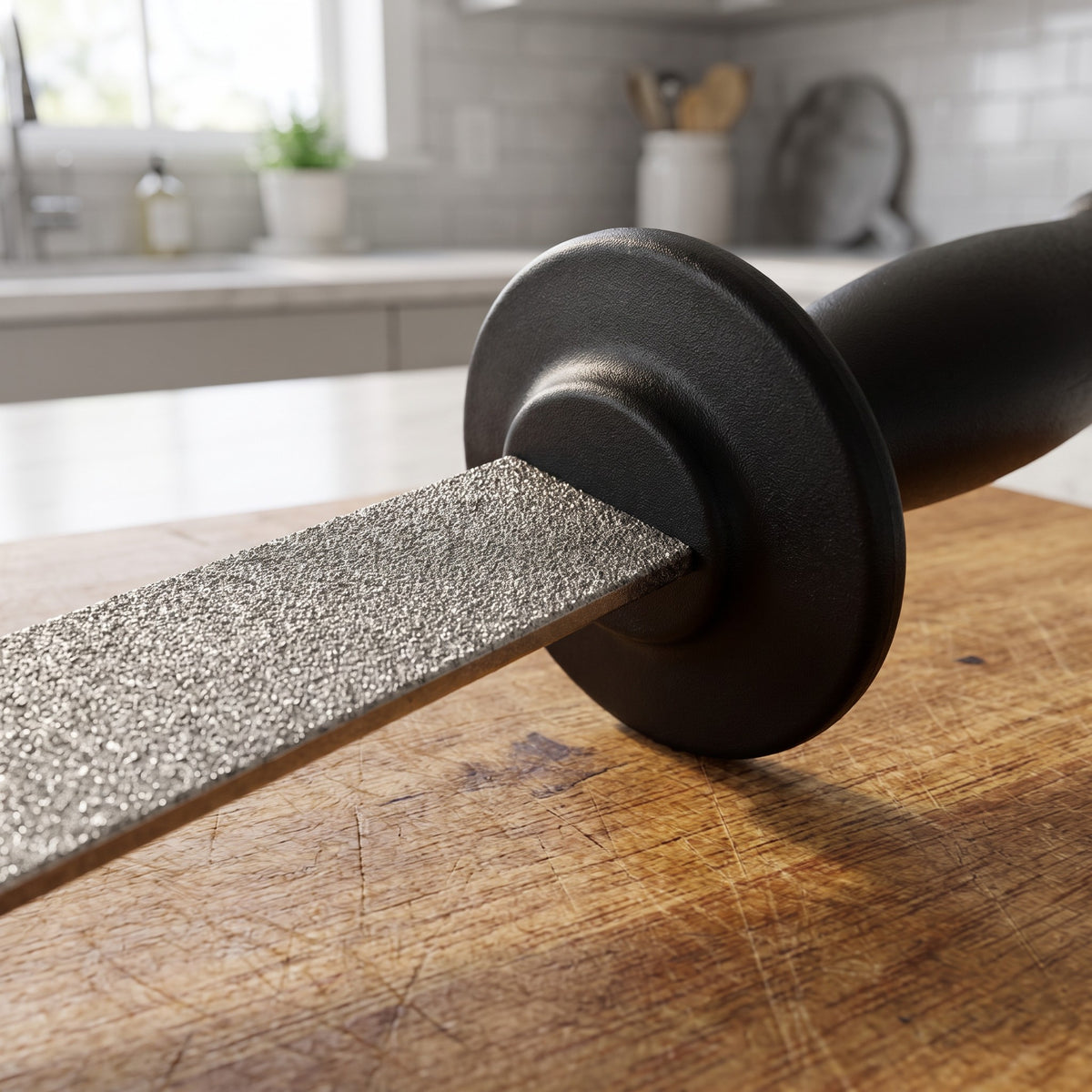 Handheld Diamond Knife Sharpener for Steel and Ceramic Knives - close-up of the diamond-coated sharpening surface and finger guard