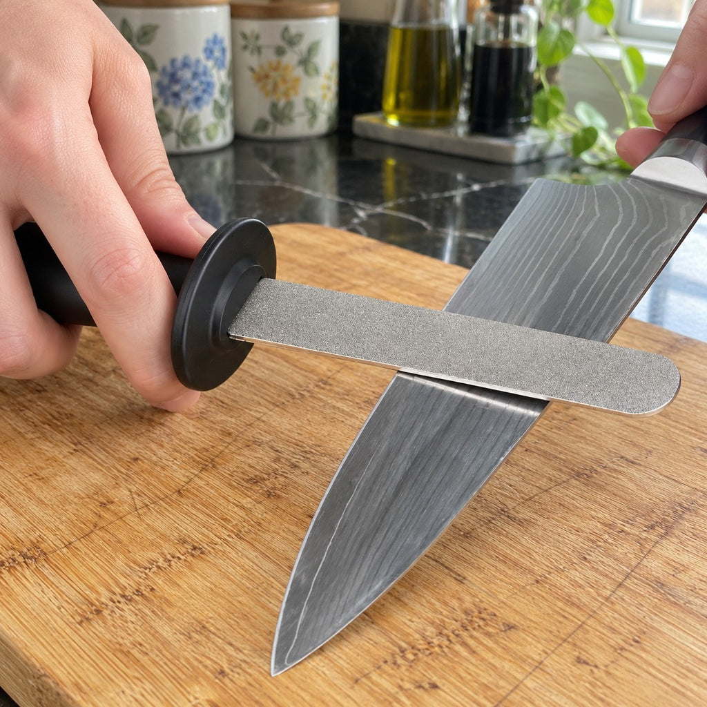 Handheld Diamond Sharpener for Steel and Ceramic Knives in a home kitchen