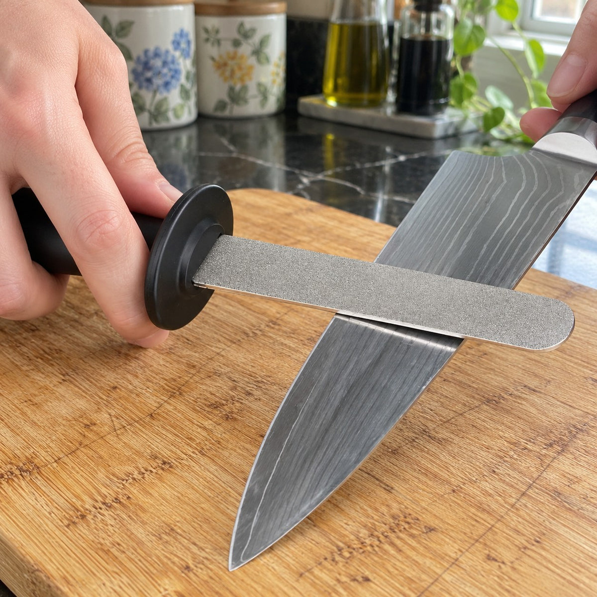 Handheld Diamond Sharpener for Steel and Ceramic Knives in a home kitchen