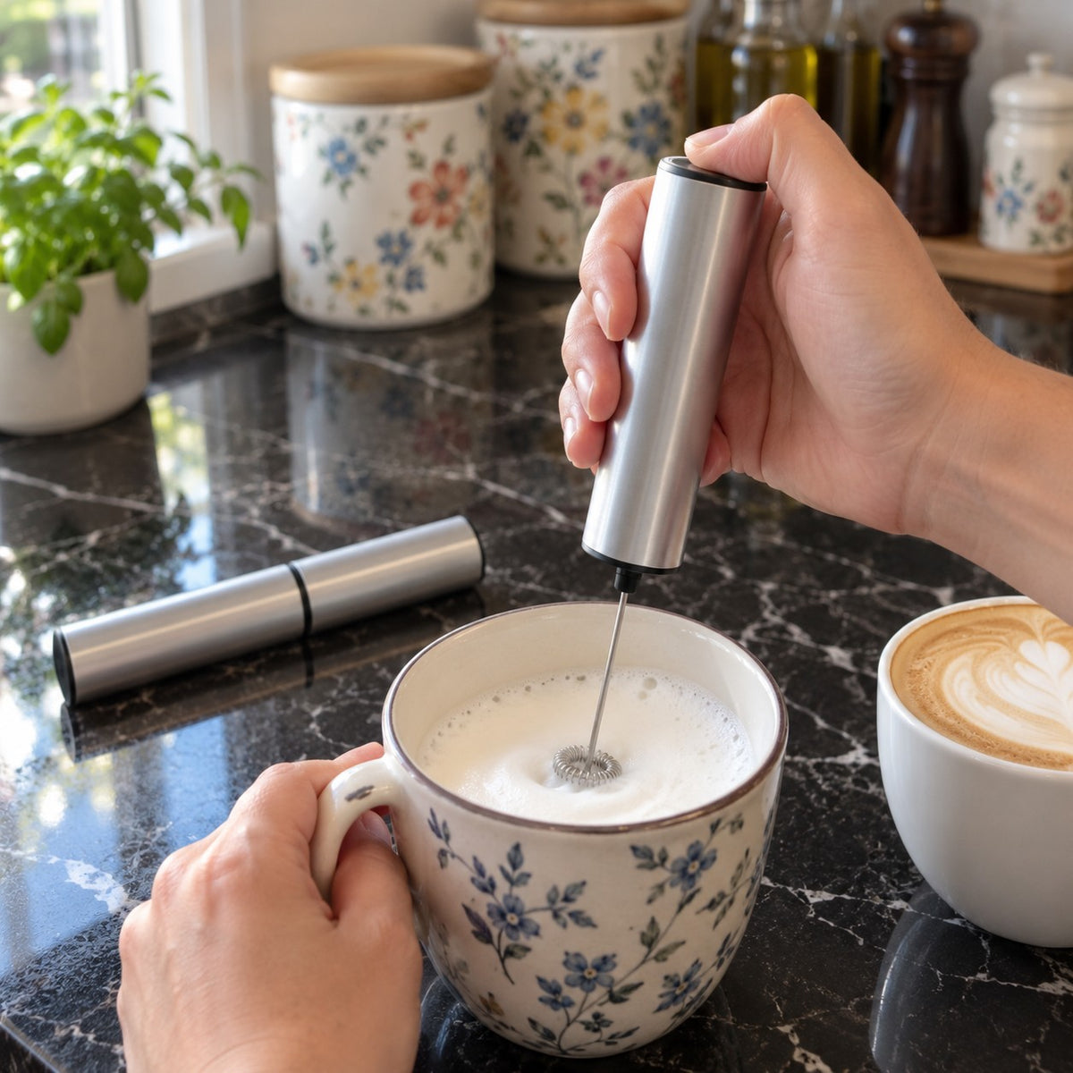 Handheld Milk Frother, Battery Operated in a home kitchen