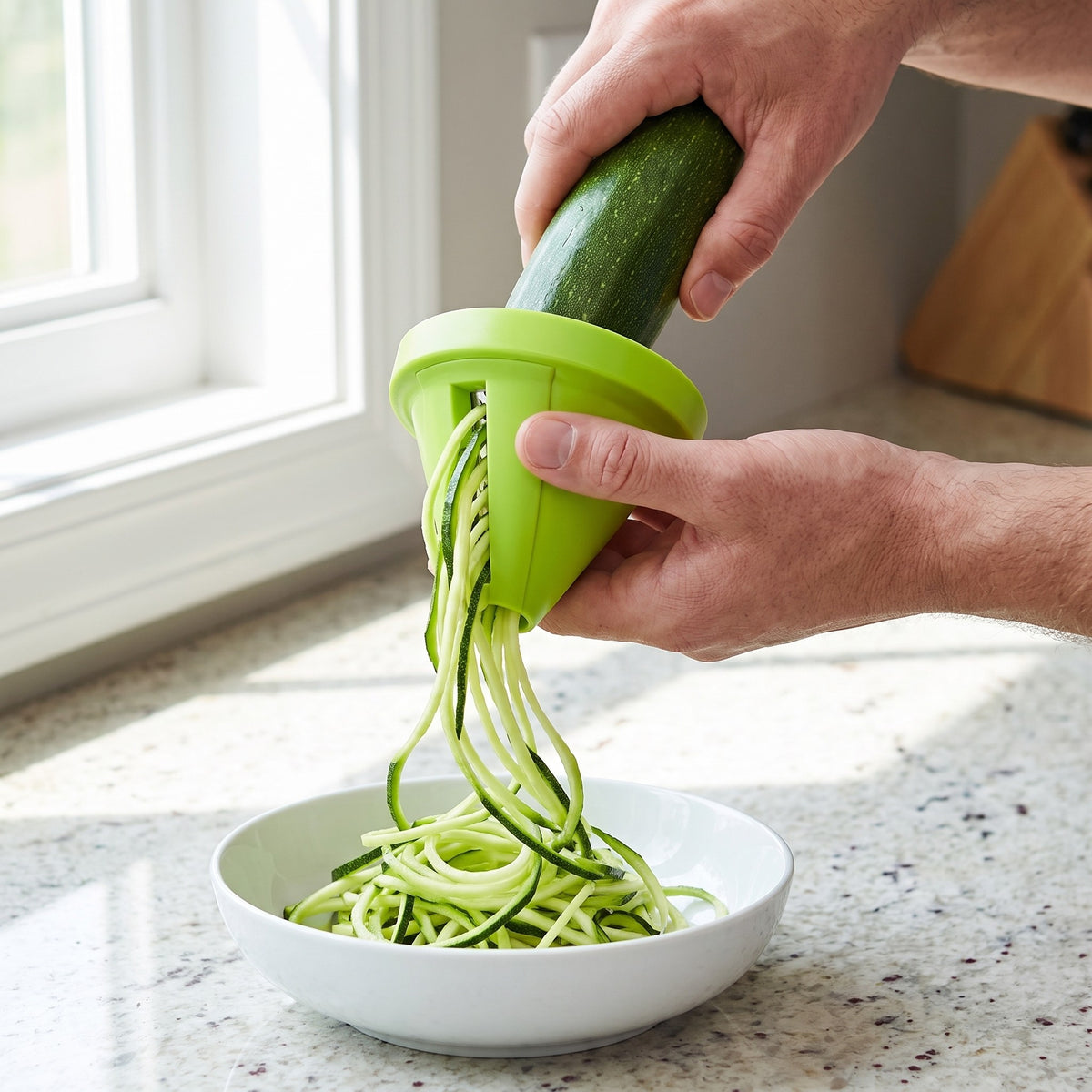 Handheld Vegetable Spiralizer with Conical Blade in use, twisting a zucchini into noodles over a bowl