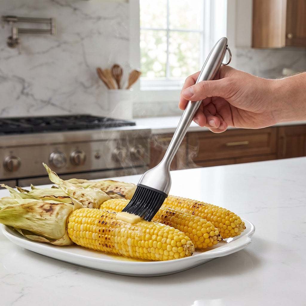 Heat-Resistant Silicone Basting Brush with Replaceable Head in use, brushing melted butter onto corn on the cob