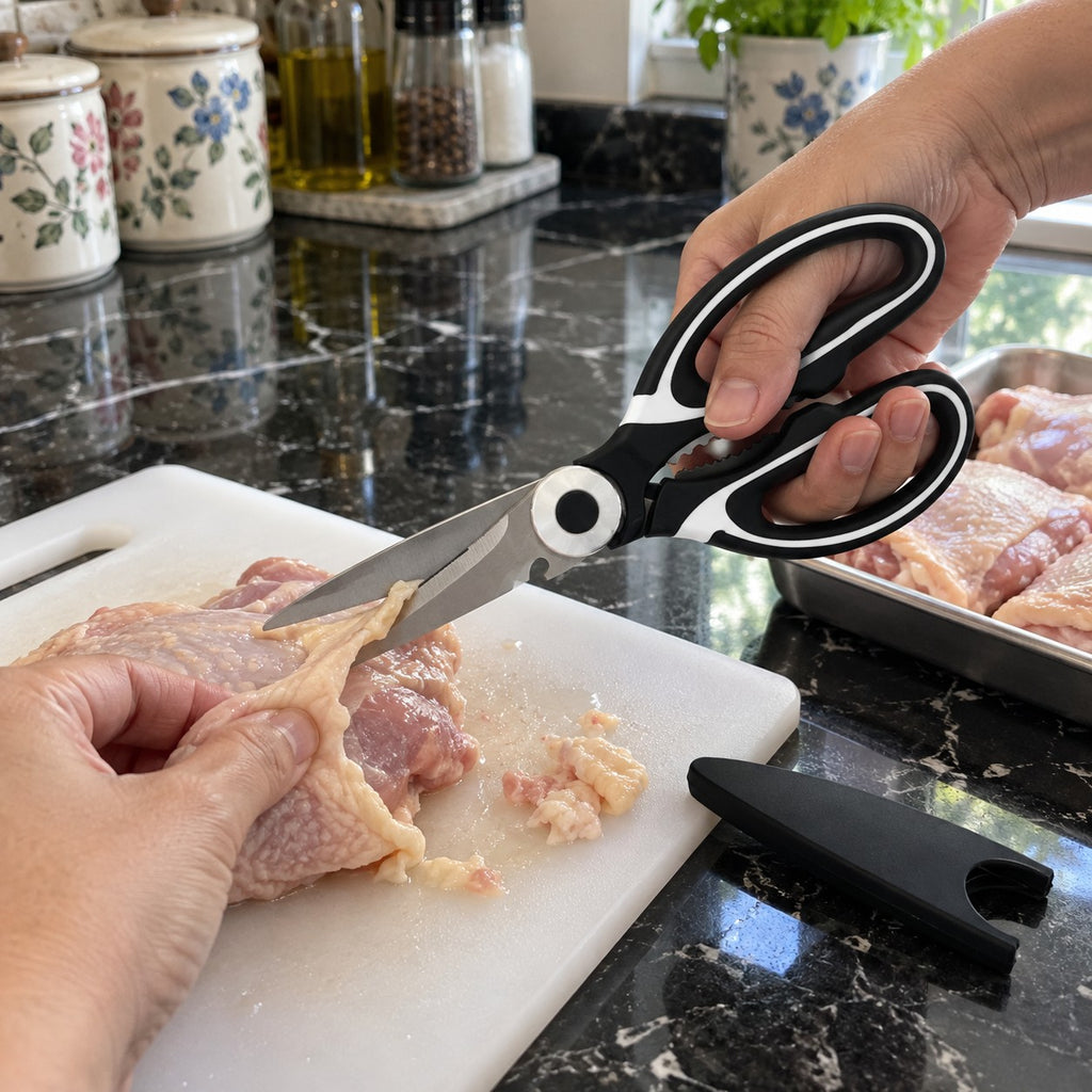 Heavy-Duty Kitchen Scissors with Stainless Steel Blades in a home kitchen