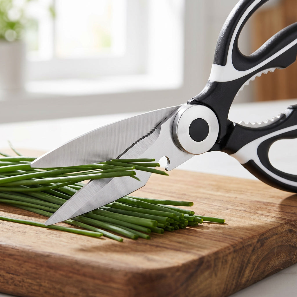 Heavy-Duty Kitchen Scissors with Stainless Steel Blades - close-up of the stainless steel blades and serrated edge snipping chives