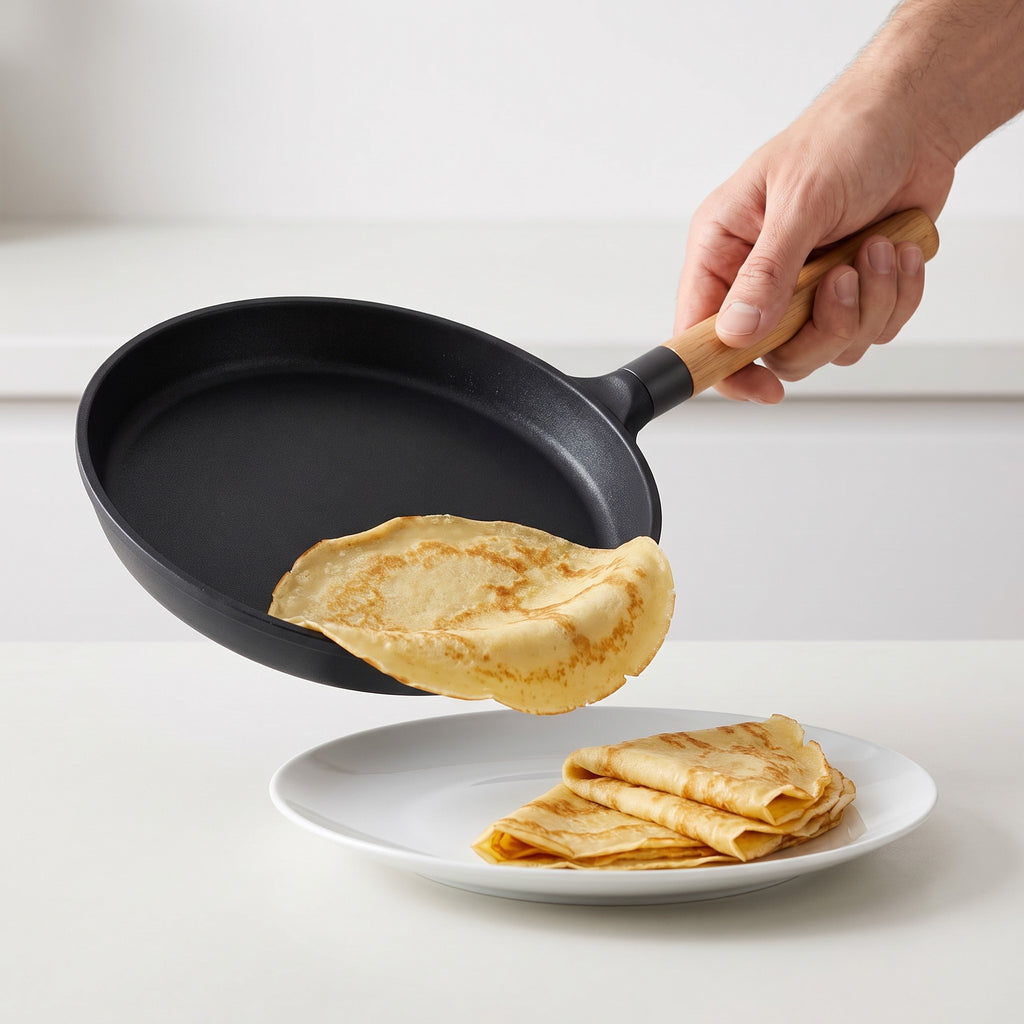 Induction Non-Stick Crepe Pan with Low Sloped Edges in use, sliding a crepe onto a plate