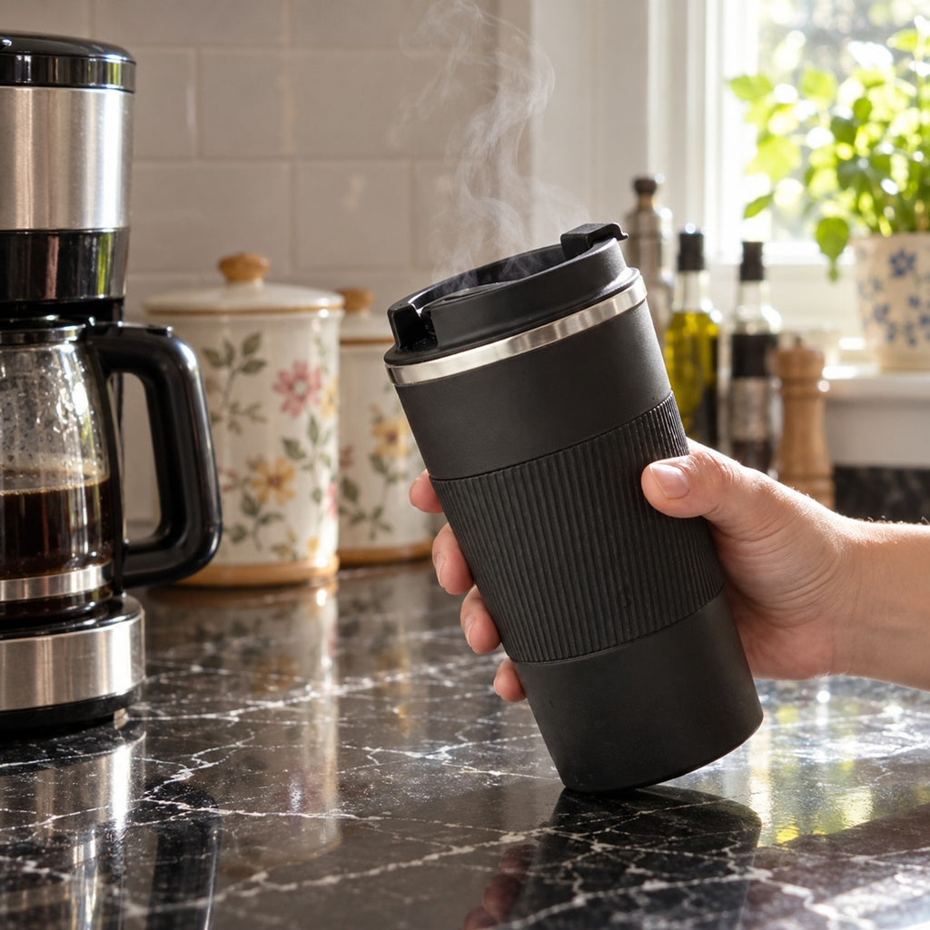 Insulated Travel Mug with Flip Lid in a home kitchen
