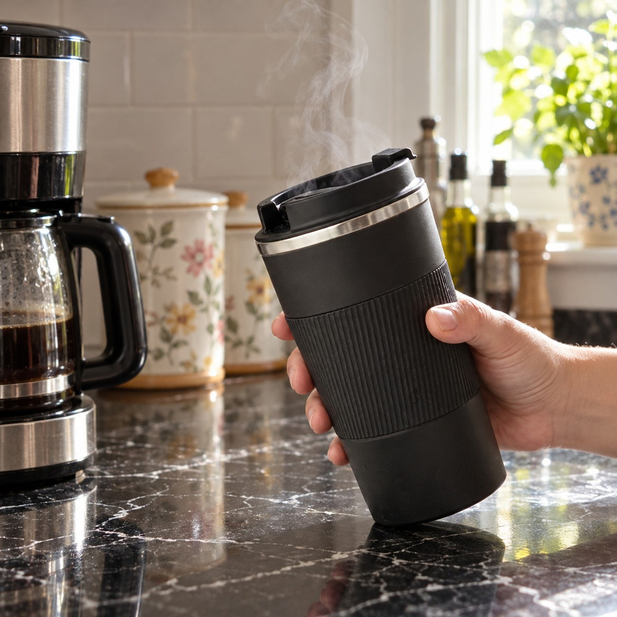 Insulated Travel Mug with Flip Lid in a home kitchen