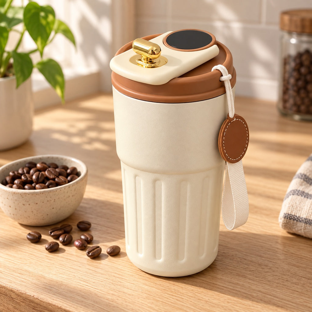 Insulated Tumbler with LCD Temperature Display in a home kitchen