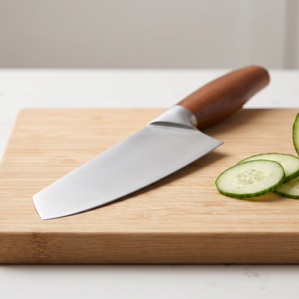 Japanese Steel Kitchen Knife with Balanced Ergonomic Handle - close-up of the Japanese steel blade and bolster