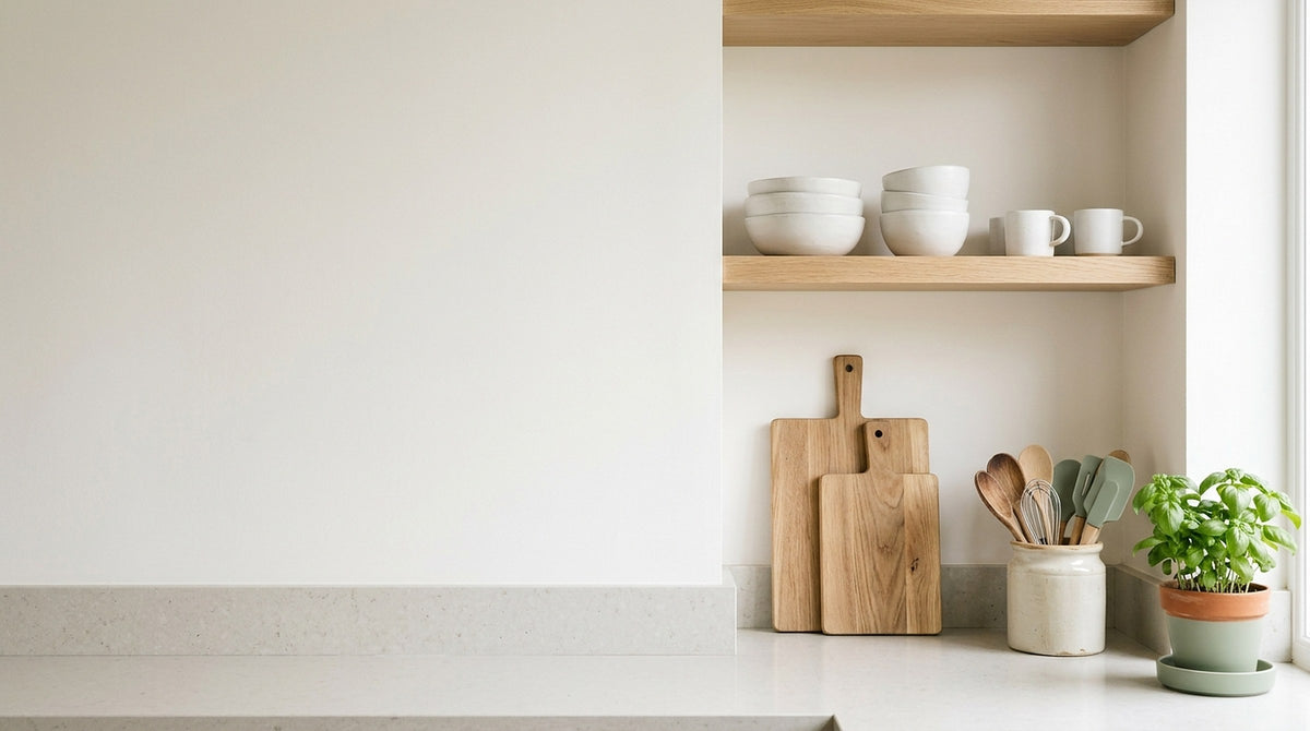 Open oak shelf with white bowls, wooden cutting boards and utensils in a bright kitchen