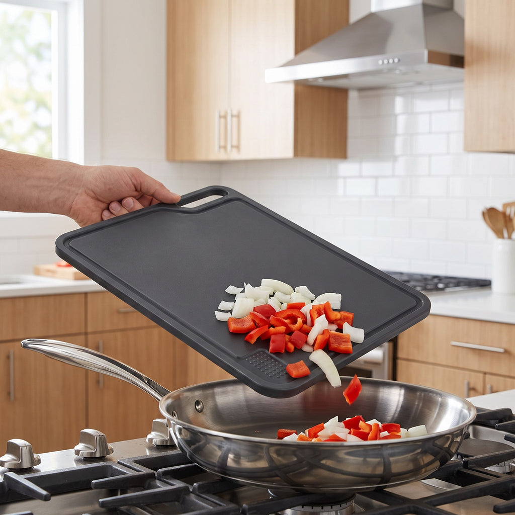 Large Non-Slip Plastic Cutting Board with Side Handles in use, sliding chopped peppers and onions into a pan